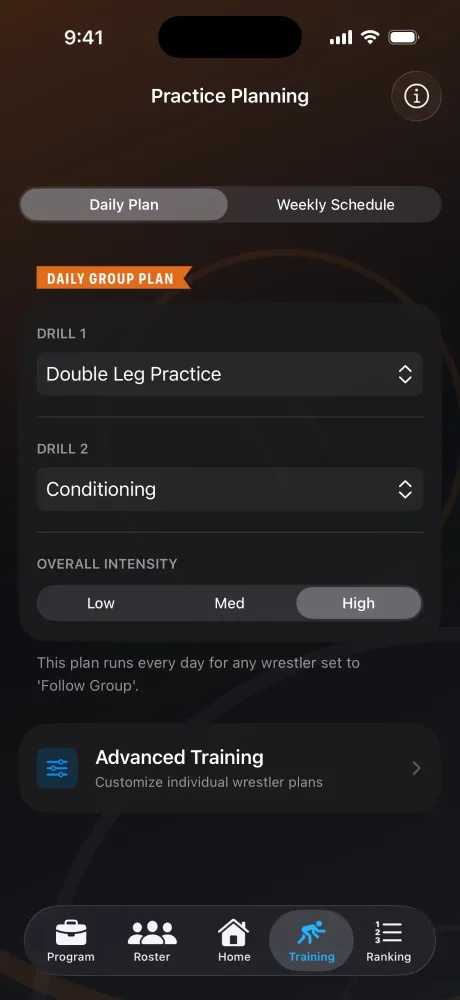 Practice planning screen with drills and training intensity